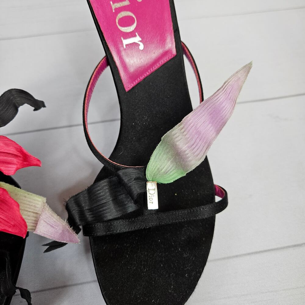 Y2k Dior Heels Hawaii Glamour Mules Black Satin Flower Detail Rare - Size 37 EU - Picture 14 of 16